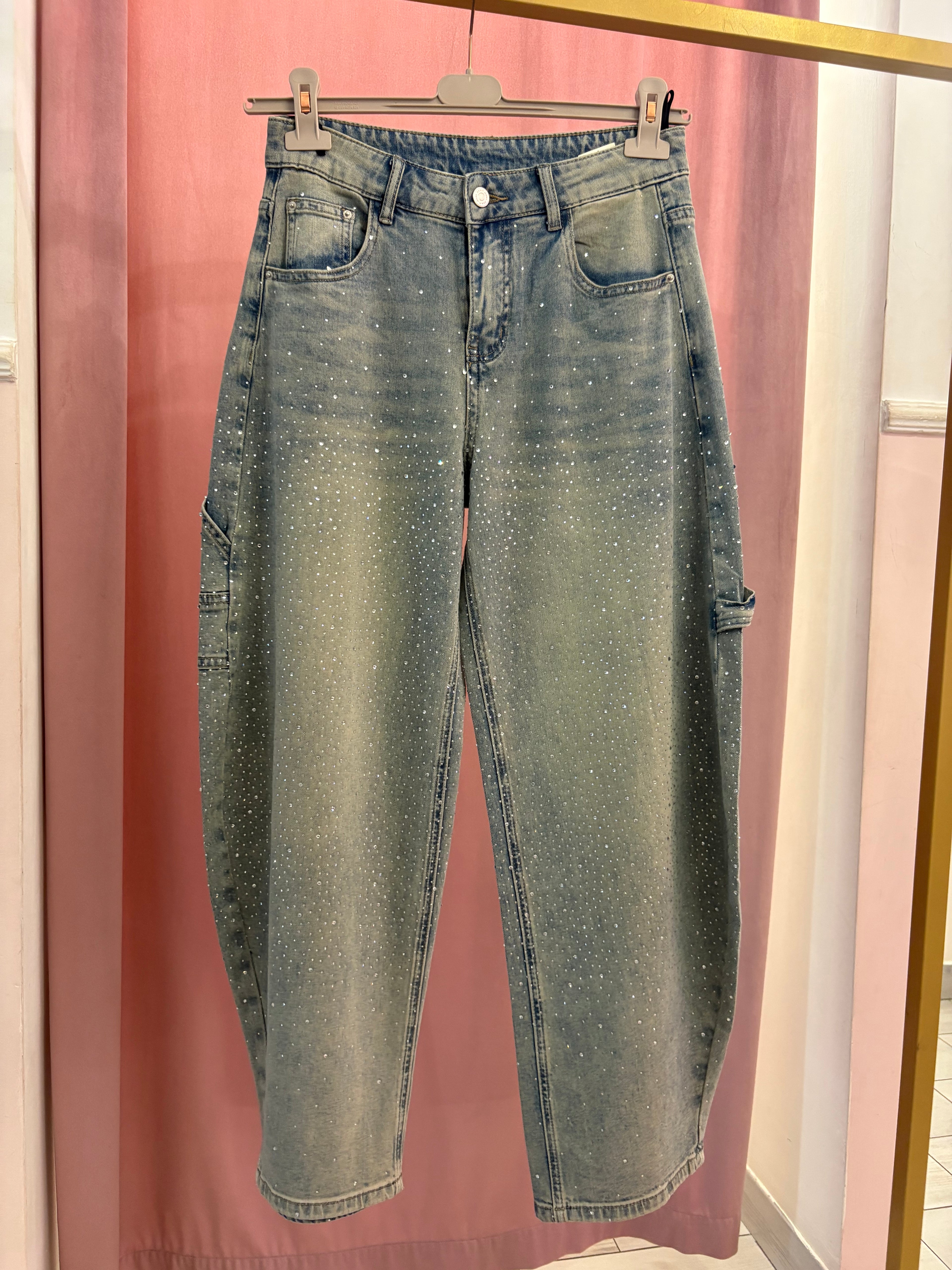 Jeans balloon strass argento